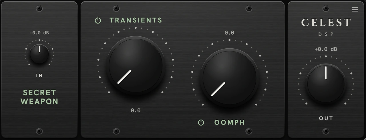 Secret Weapon I plugin interface with Transients and Oomph controls